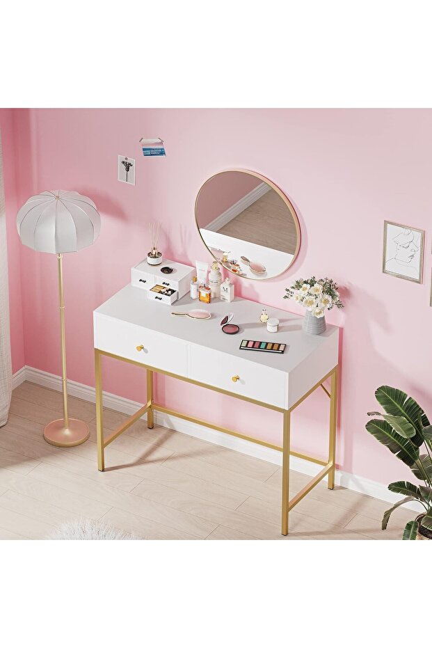 Home Multifunctional Bedroom Dressing Table Storage Study Computer Desk with 2 Drawers Storage - 4
