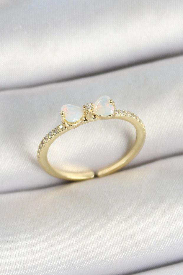 Bfs Brass Bow Figured Zircon Stone Gold Color Adjustable Women's Ring