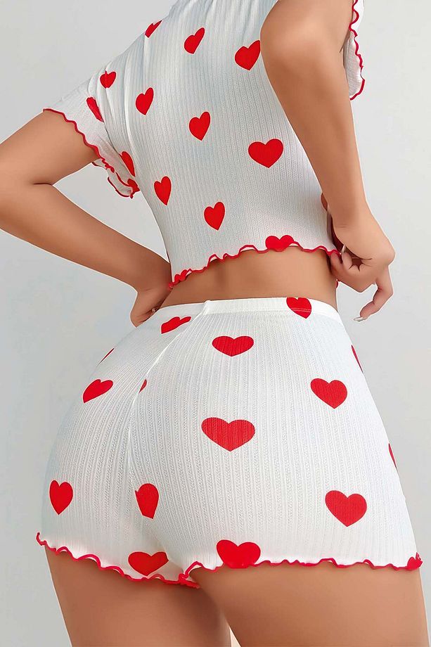 Kalp Desenli Fırfırlı Şortlu Pijama Takımı - 3