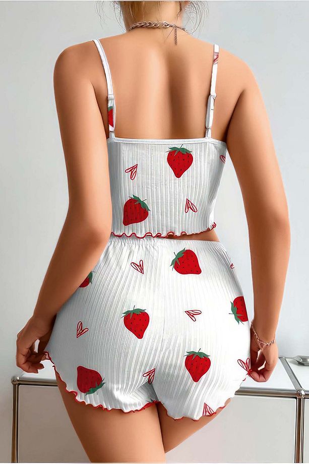 Çilek Desenli Fırfırlı Şortlu Pijama Takımı - 3