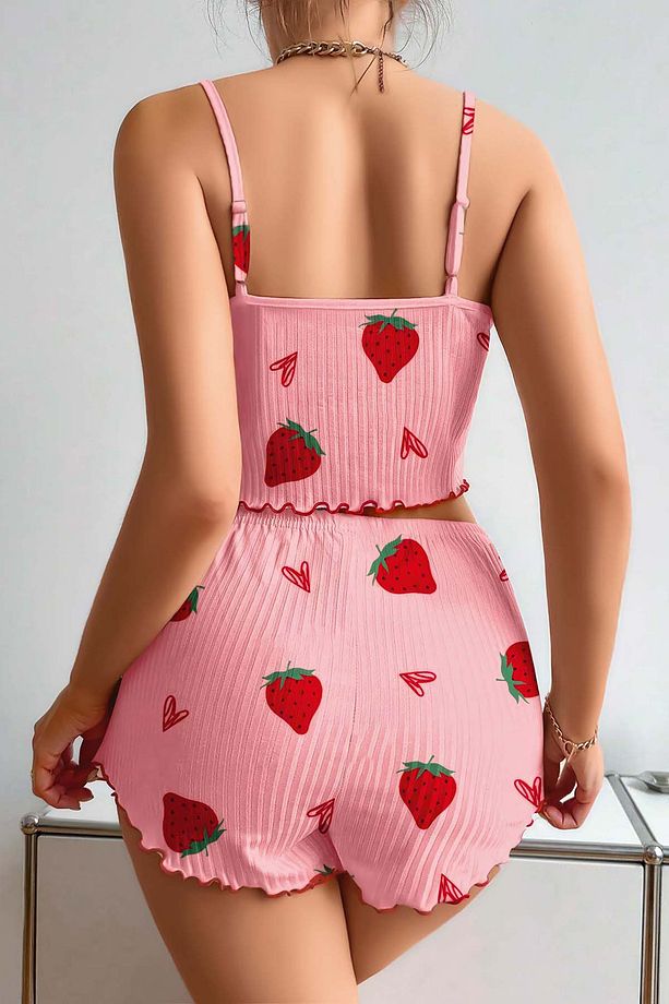 Çilek Desenli Fırfırlı Şortlu Pijama Takımı - 3