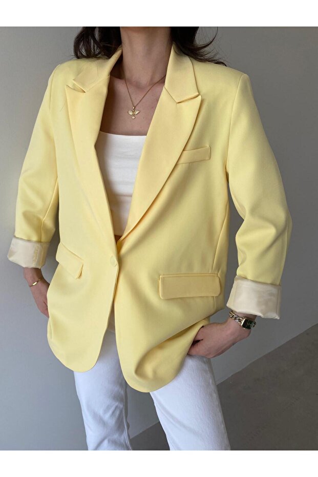 Yellow Single Button Blazer Jacket - 2