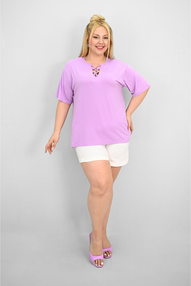 Women's Plus Size Short Sleeve Collar Piping Detailed Blouse 1970-25