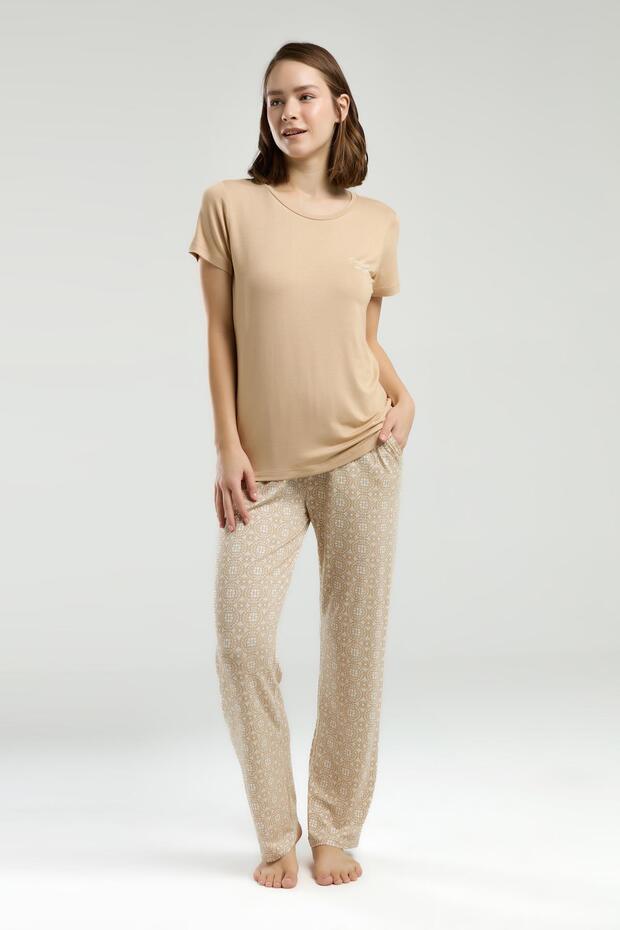 Women's Pajama Suit, Short Sleeve, Round Neck, Pocket Detail