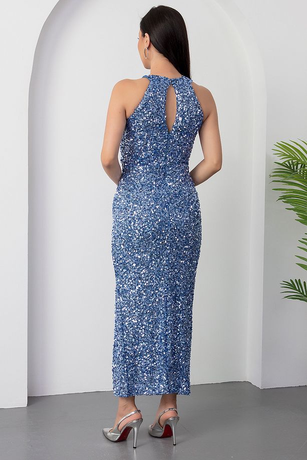 Halter Yaka Yırtmaçlı Pullu Midi Abiye Elbise BAL143 - 8