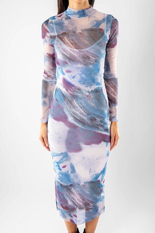 Batik Desenli Uzun Tül Mavi Elbise - 5