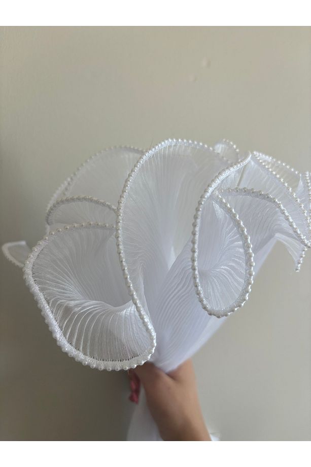 Gelin Buketi Tülü – Fırfırlı Ve Incili Lüks Tül Kumaş (1 Metre ) - 1