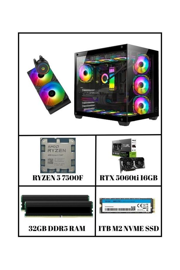 CRYOTANK RTX 5060 TI | R5 7500F | 32GB Ram | 1 TB M2 NVME SSD | Sıvı Soğutmalı Oyuncu Bilgisayarı - 1