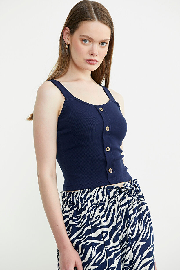 Fitilli Düğme Detaylı Basic Atlet - Lacivert - 3