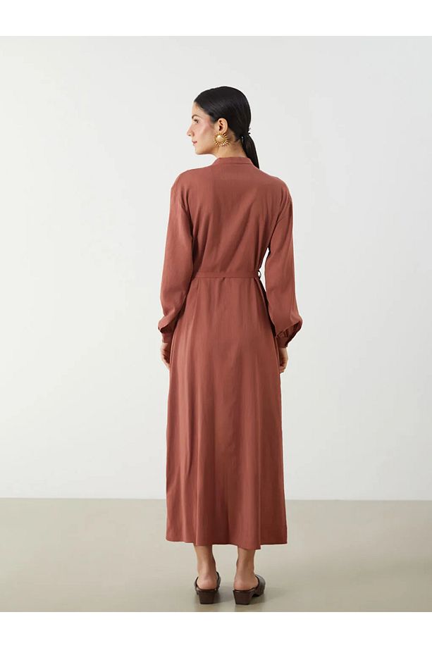 LCW Modest Pembe Hakim Yaka Kuşaklı Keten Karışımlı Gömlek Elbise - 4