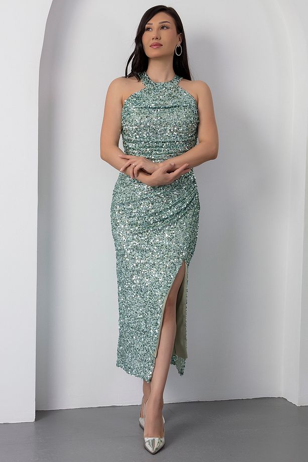 Halter Yaka Yırtmaçlı Pullu Midi Abiye Elbise BAL143 - 6