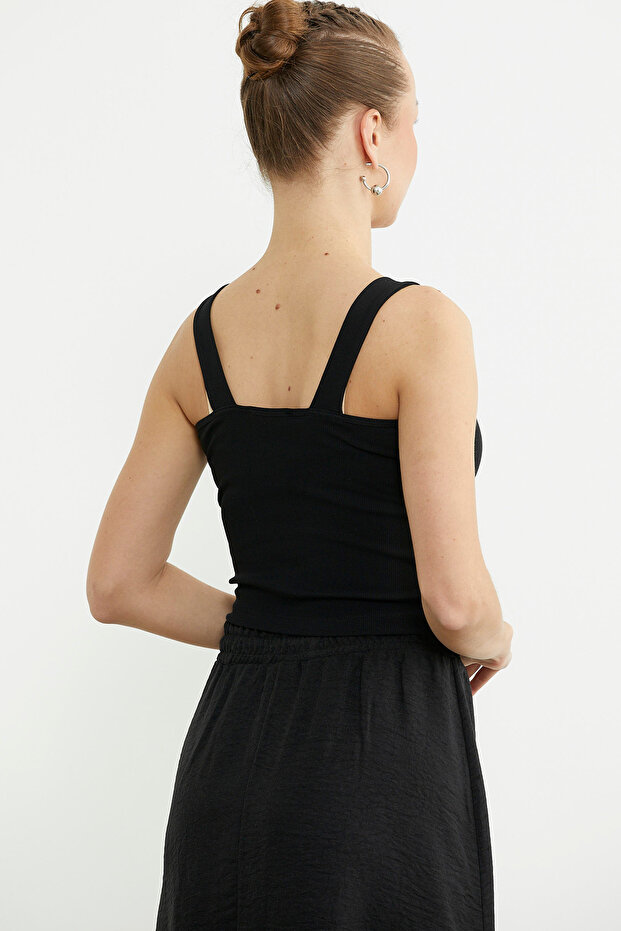 Fitilli Düğme Detaylı Basic Atlet - Siyah - 5