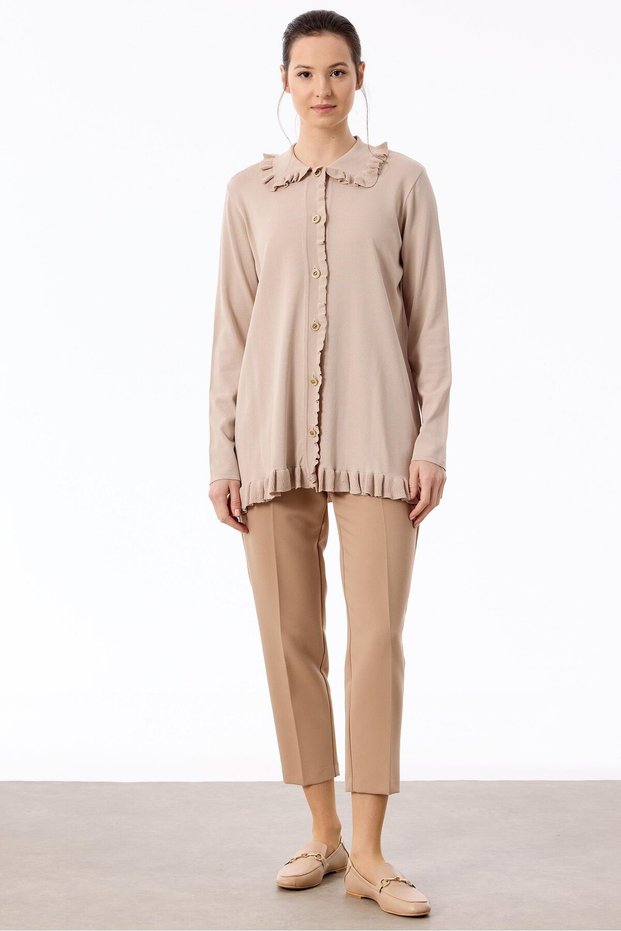 Ruffle Detailed Rayon Cardigan Beige