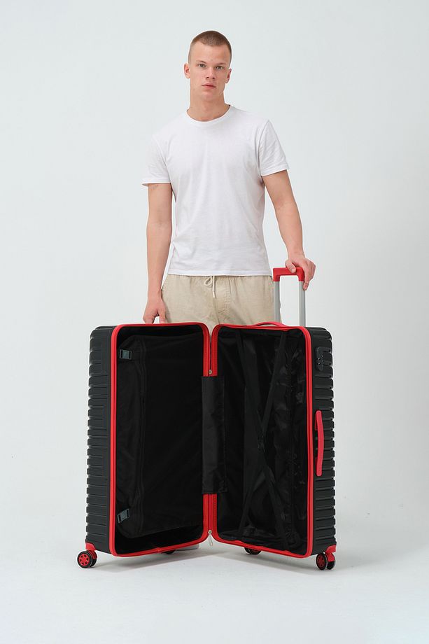 Unisex Siyah Kırmızı Büyük Boy Silikon Kırılmaz PP Valiz - 4
