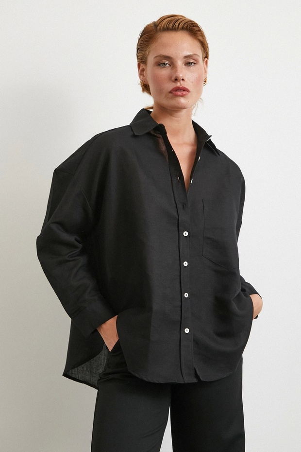 Cepli Oversize Keten Gömlek Siyah - 1