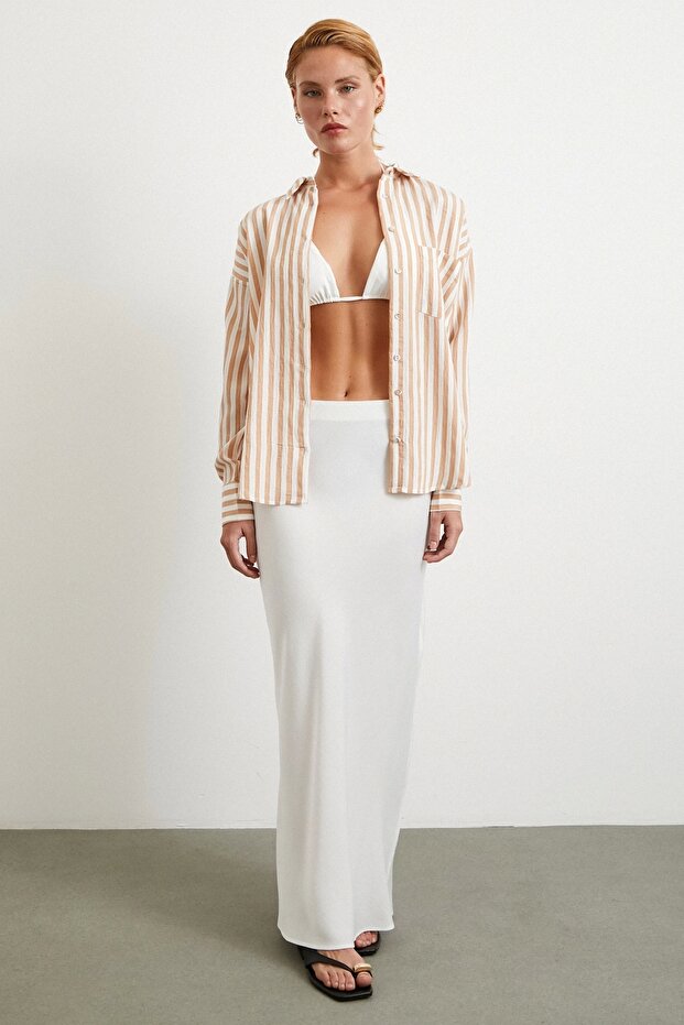 Multi Çizgili Cepli Gömlek Camel - 2