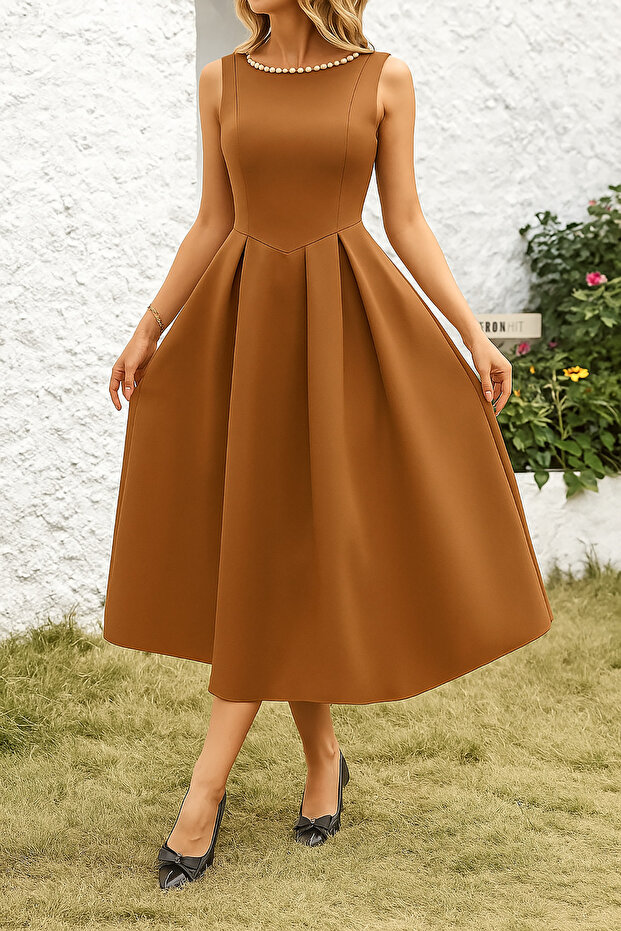 Brown Pearl Detail A-Line Sleeveless Backless Scuba Fabric Midi Length Dress