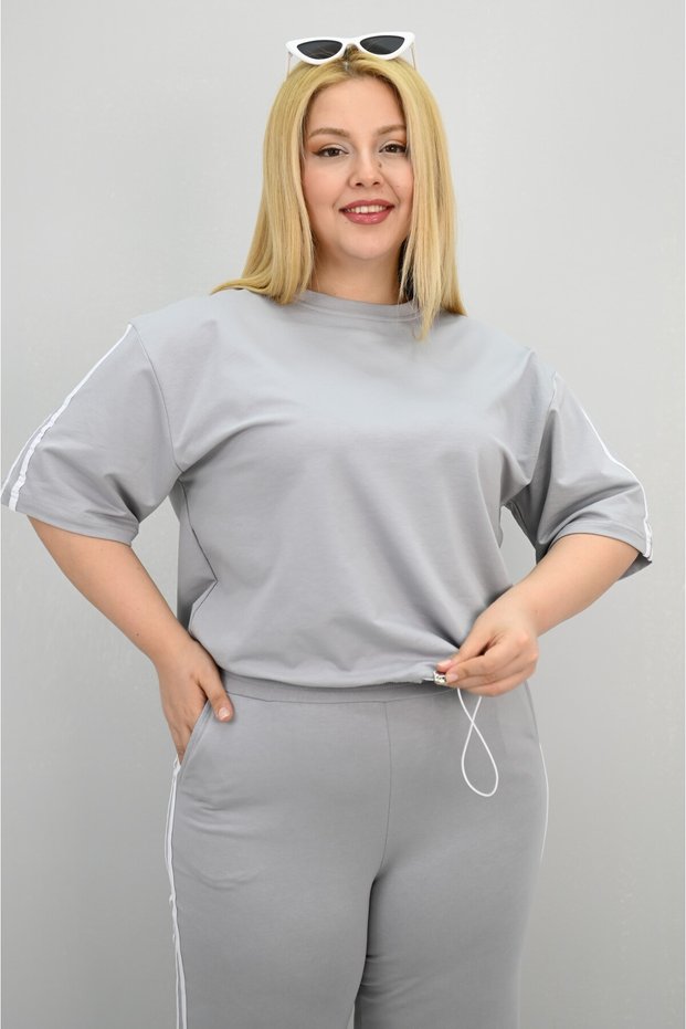 Women's Plus Size Stripe and Waist Drawstring Detail Short Sleeve Tracksuit Set 8197-25