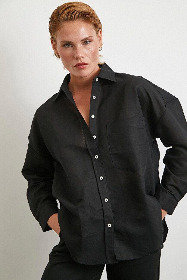 Cepli Oversize Keten Gömlek Siyah - 3