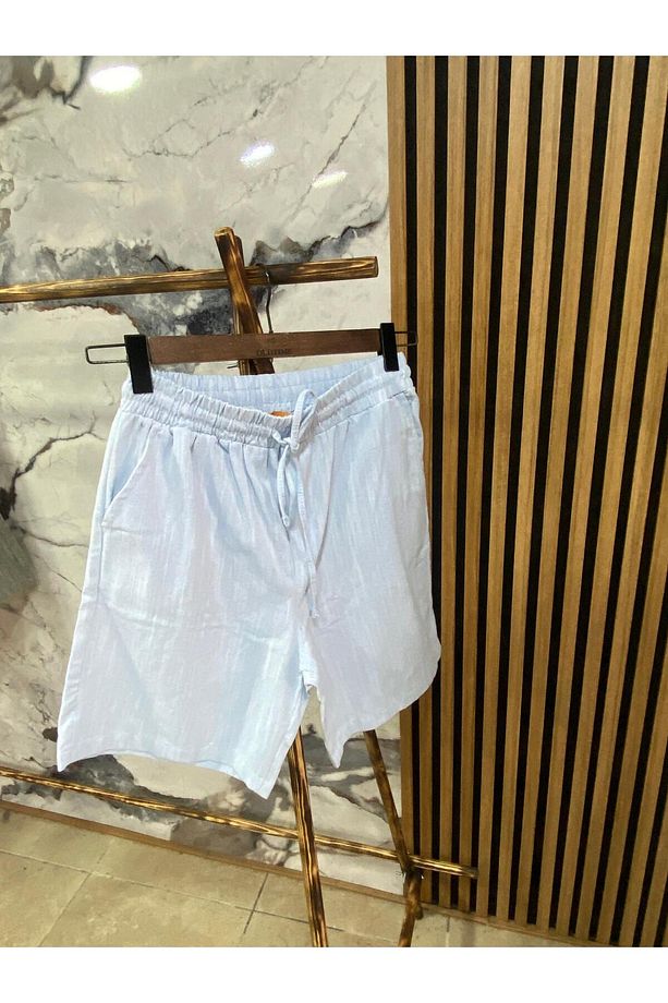 Erkek Beli Bağcıklı Pamuk Keten Şort - 1