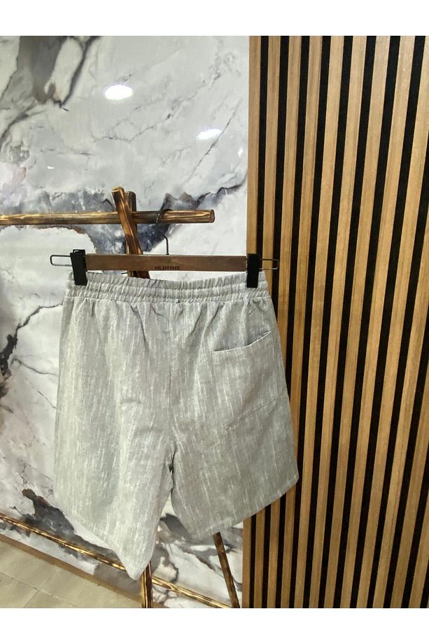 Erkek Beli Bağcıklı Pamuk Keten Şort - 2