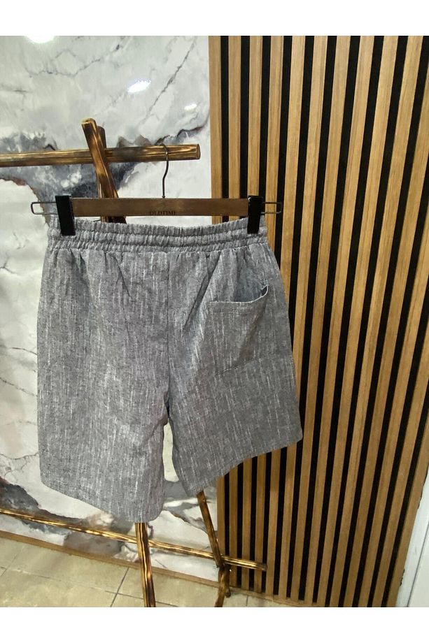 Erkek Beli Bağcıklı Pamuk Keten Şort - 2