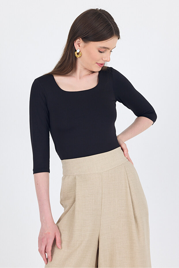 Siyah Kare Yaka Örme Body 9193M - 1