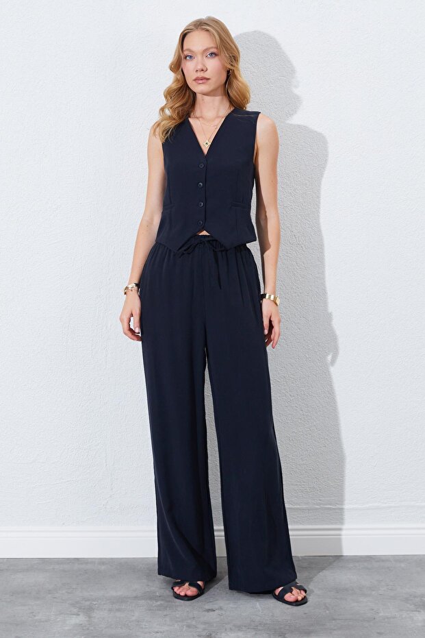 Women's Black Wide Leg Elastic Waist Trousers