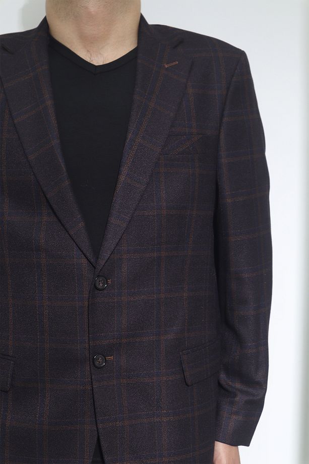 DMC TEKSTİL Erkek Koyu Kahve Ekose Kareli Klasik Kesim Rahat Kalıp Çift Düğmeli 4 Drop Blazer Ceket - 3