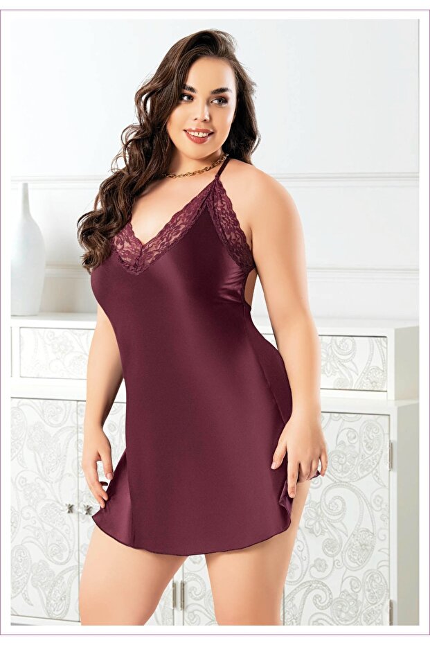 Cross Strap Plum Satin Plus Size Nightgown