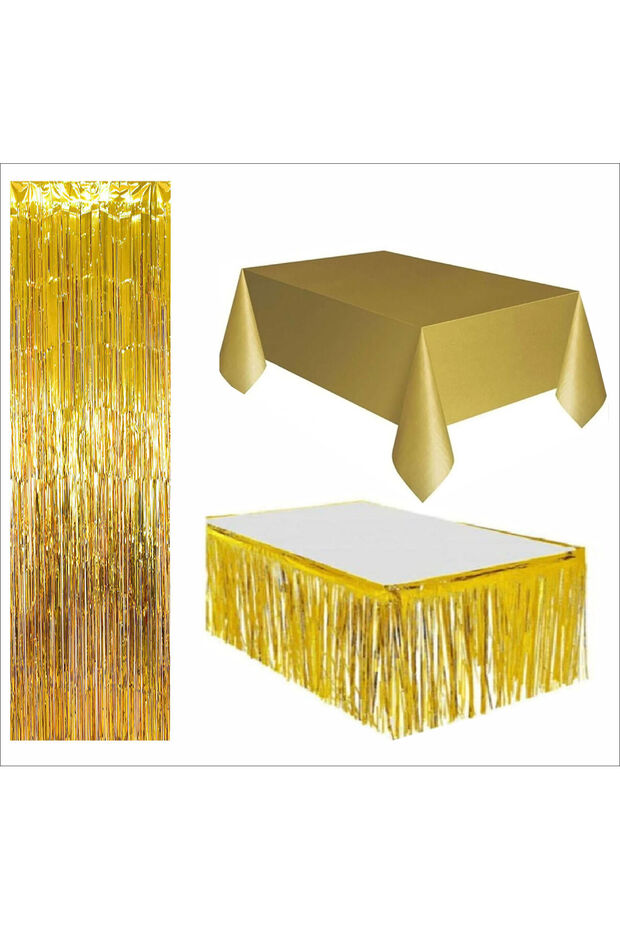 3 Pieces Gold Table Cloth, Gold Table Skirt, Gold Back Floor