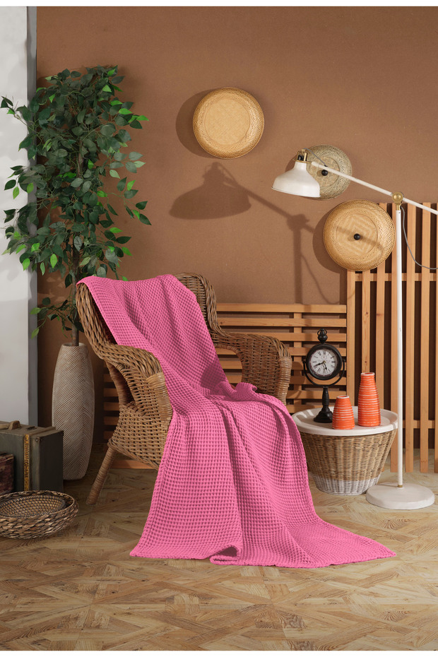Dusty Rose Waffle Pattern Fringeless Sofa Cover/Tv Blanket 140X200Cm