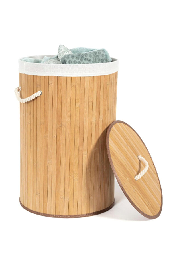Foldable Round Bamboo Laundry Basket with Lid - 4