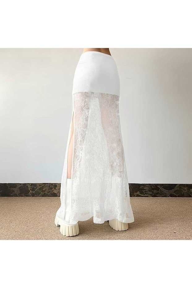 Whiteslit Maxi Length Lace Skirt,Maxi Imported Guipure Skirt,Guipure Skirt with Mini Slit Inside,Gothic Skirt
