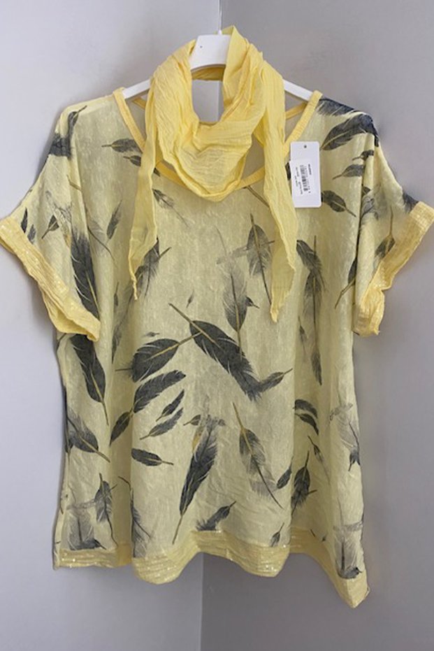 Women's Italian Yellow Scarf Feather Patterned Sleeves and Hem Sequined Loose Blouse