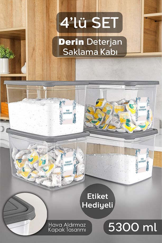 4'lü Mega Boy Deterjan Saklama Kutusu - Etiketli Banyo Tablet Toz Deterjan Kutusu 5,3 Litre Şeffaf - 1
