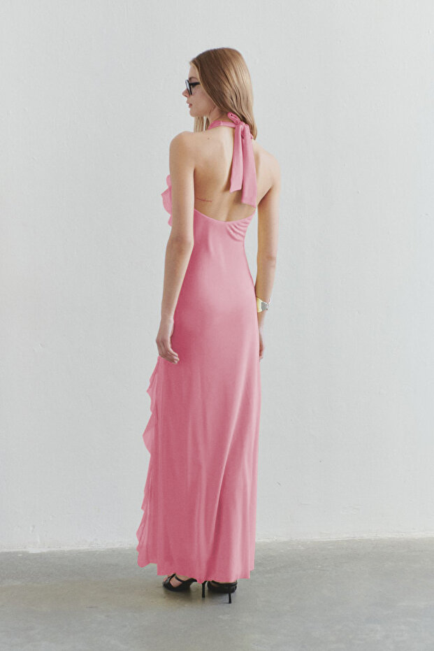 Limitovaná edícia Ružové volánikové podšité tylové večerné šaty Večerné šaty na promócie TPRSS25AE00063 - 6