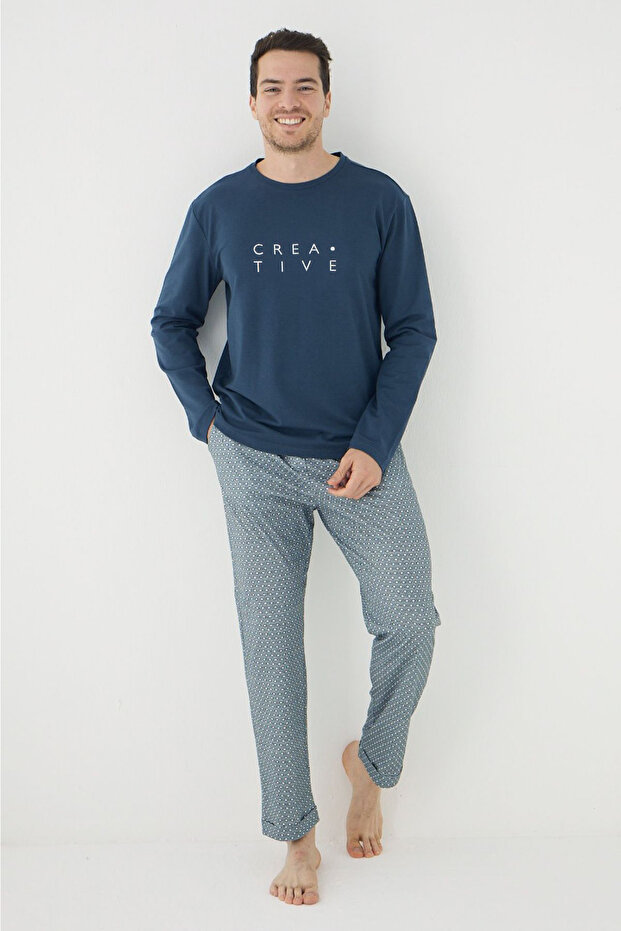 Lacivert Regular/Normal Kesim Creative Yazı Baskılı Örme Pijama Takımı TMNAW25PT00067 - 2