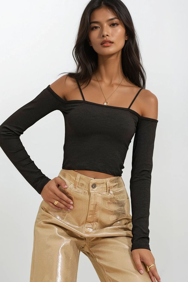 Women's Black Boat Neck Rope Strap Detailed Lycra Crop Knitted Blouse ALC-X10860