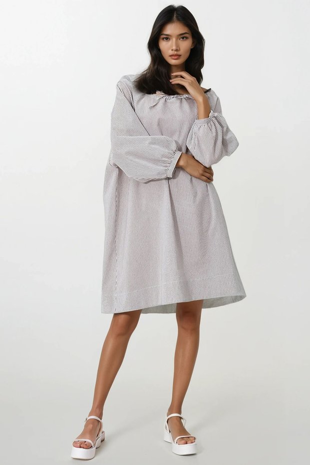 Coffee Wide Collar Striped Tie-Neck Woven Dress Alc-X11712