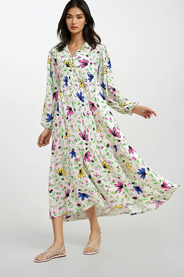 Women's Vanilla V-Neck Button Front Detailed Patterned Woven Viscose Dress ALC-X12022