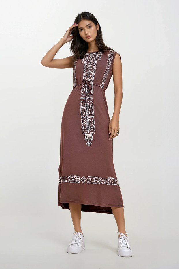 Women's Brown Embroidery Printed Bohemian Dress ALC-6564