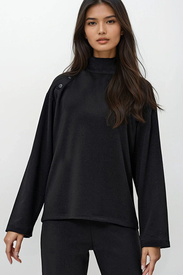 Women's Black Stand Collar Shoulder Snap 2 Thread Blouse Alc-X13277