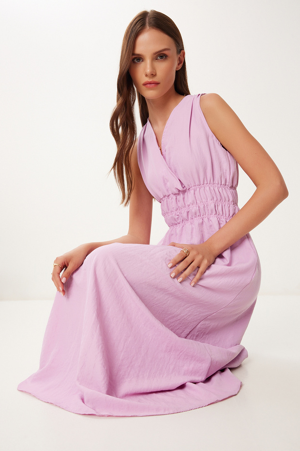 Women's Pink Wrap Collar Midi Woven Dress Bv00159