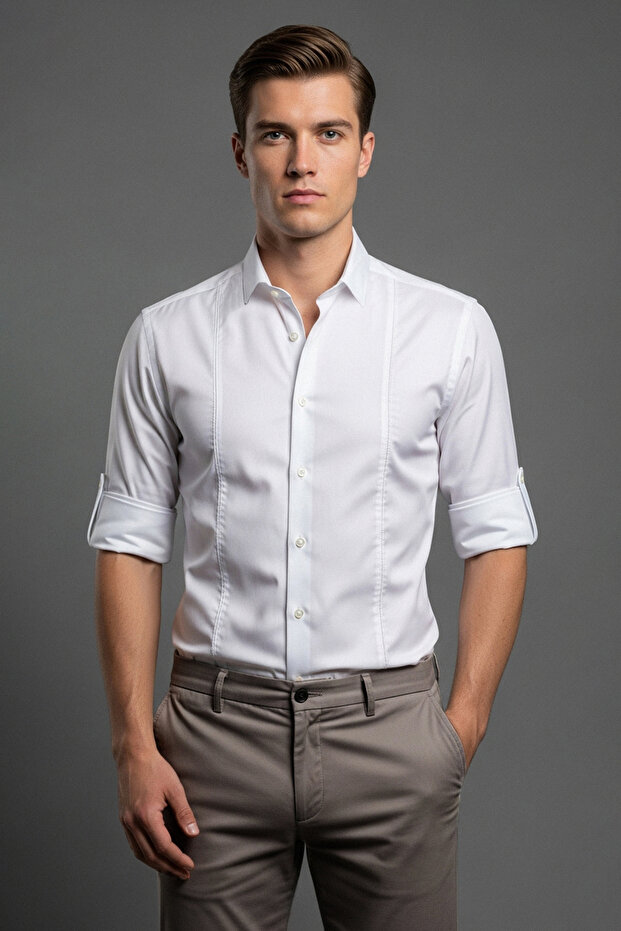Beyaz Super Slim Fit Düğmeli Yaka Kulplu Apoletli Kolay Ütülenebilir Gömlek TMNSS22GO0091 - 2