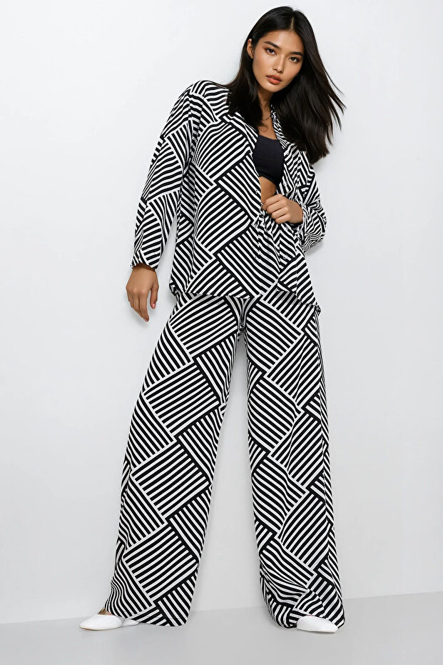 Women's Black Patterned Shirt and Trousers Bottom Top Woven Set Alc-X11748