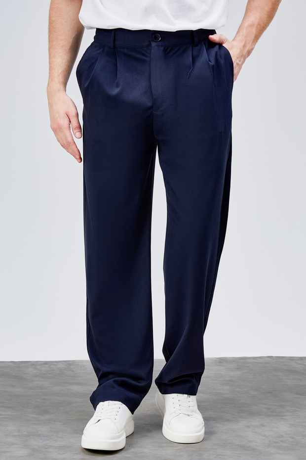 Men's Seasonal Navy Blue Double Pleated Relaxed Fit Elastic Waist Wide Leg Baggy Trousers Albert-1989