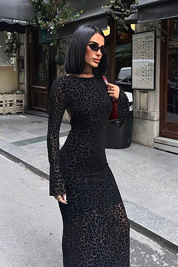 Siyah Flok Tül "Yenilenmiş Kalıp" Maxi Boy Astarlı Abiye Gece Mezuniyet Elbisesi TPRAW25EL00165 - 5