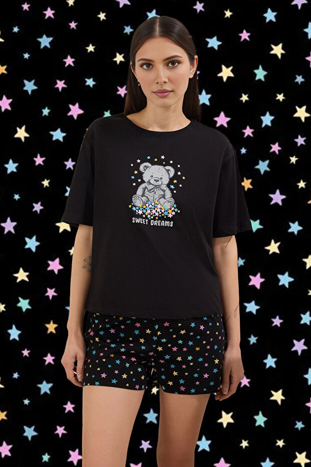 Siyah-Çok Renkli %100 Pamuklu Ayıcık ve Yıldız Baskılı Şortlu Örme Pijama Takımı THMSS25PT00350 - 1