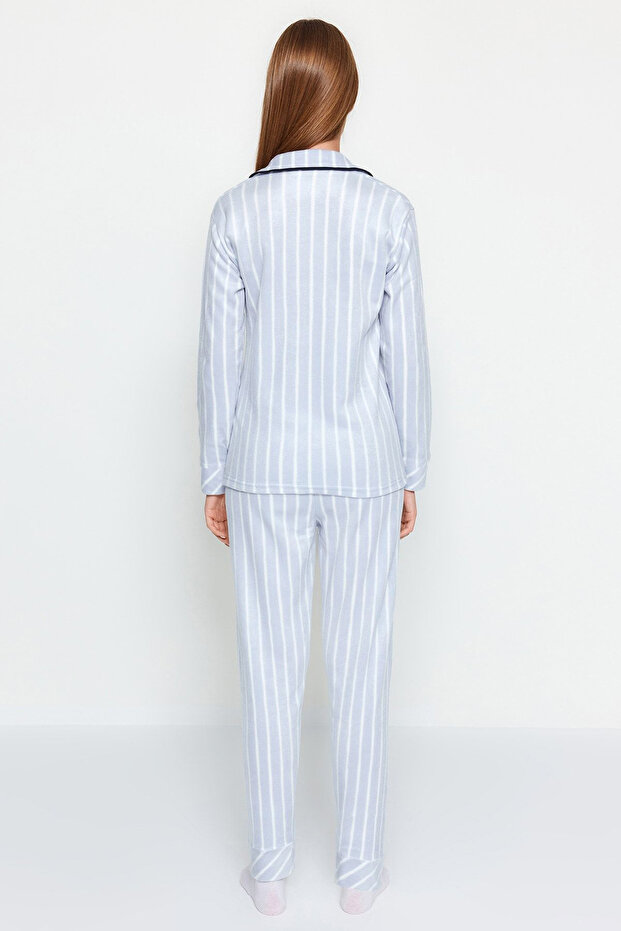 Mavi Çizgili Biye Detaylı Uyku Bantlı Polar Kışlık Örme Pijama Takımı THMAW22PT0360 - 6
